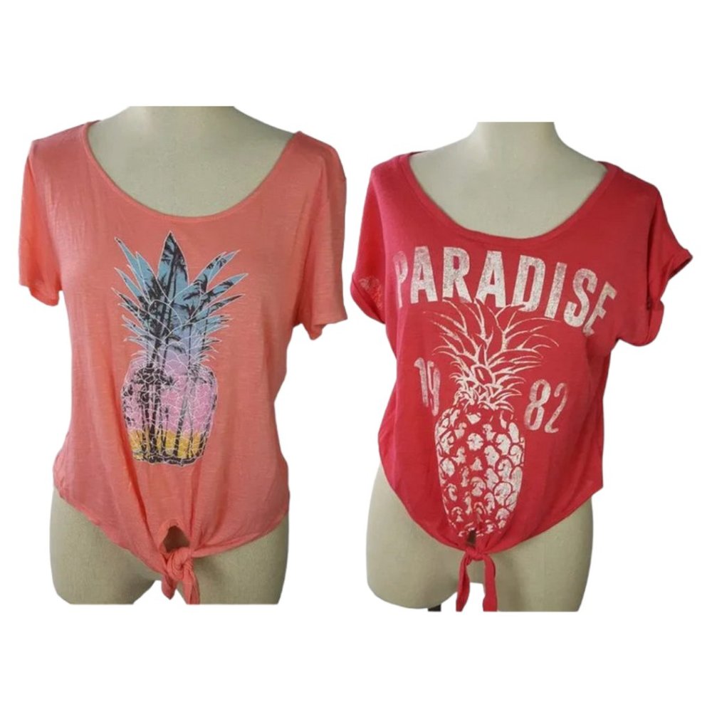 2 pcs PINEAPPLE GRAPHICS CROPPED FRONT KNOT SHIRTS pinkish and reddish